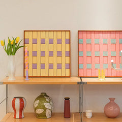 Lover’s Moonlight Violet yarn wall art paired with a complementary pastel variant, displayed on a shelf to showcase cohesive color harmony