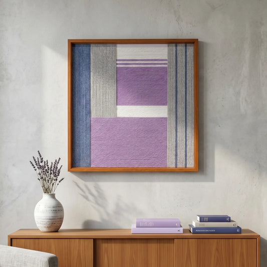 Minimalist hand-woven wool wall art styled above a wooden sideboard with a white vase and books in a sunlit room.