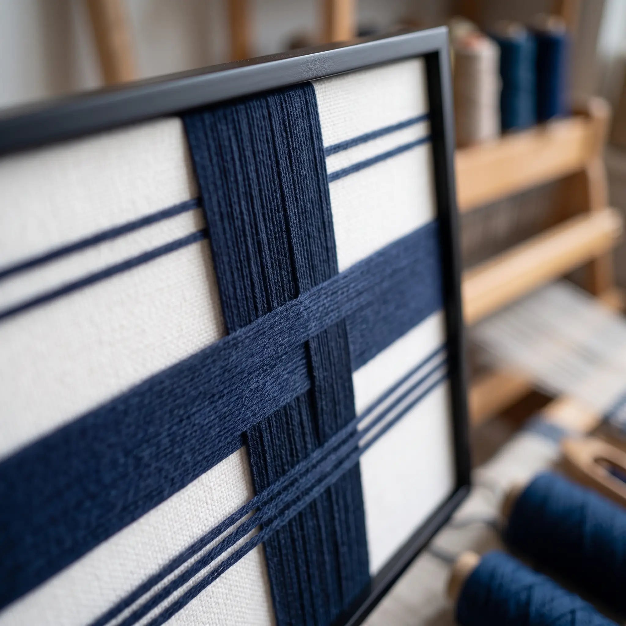 Detailed macro close-up of the Midnight Axis hand-woven wool tapestry featuring navy blue geometric lines against a neutral canvas.