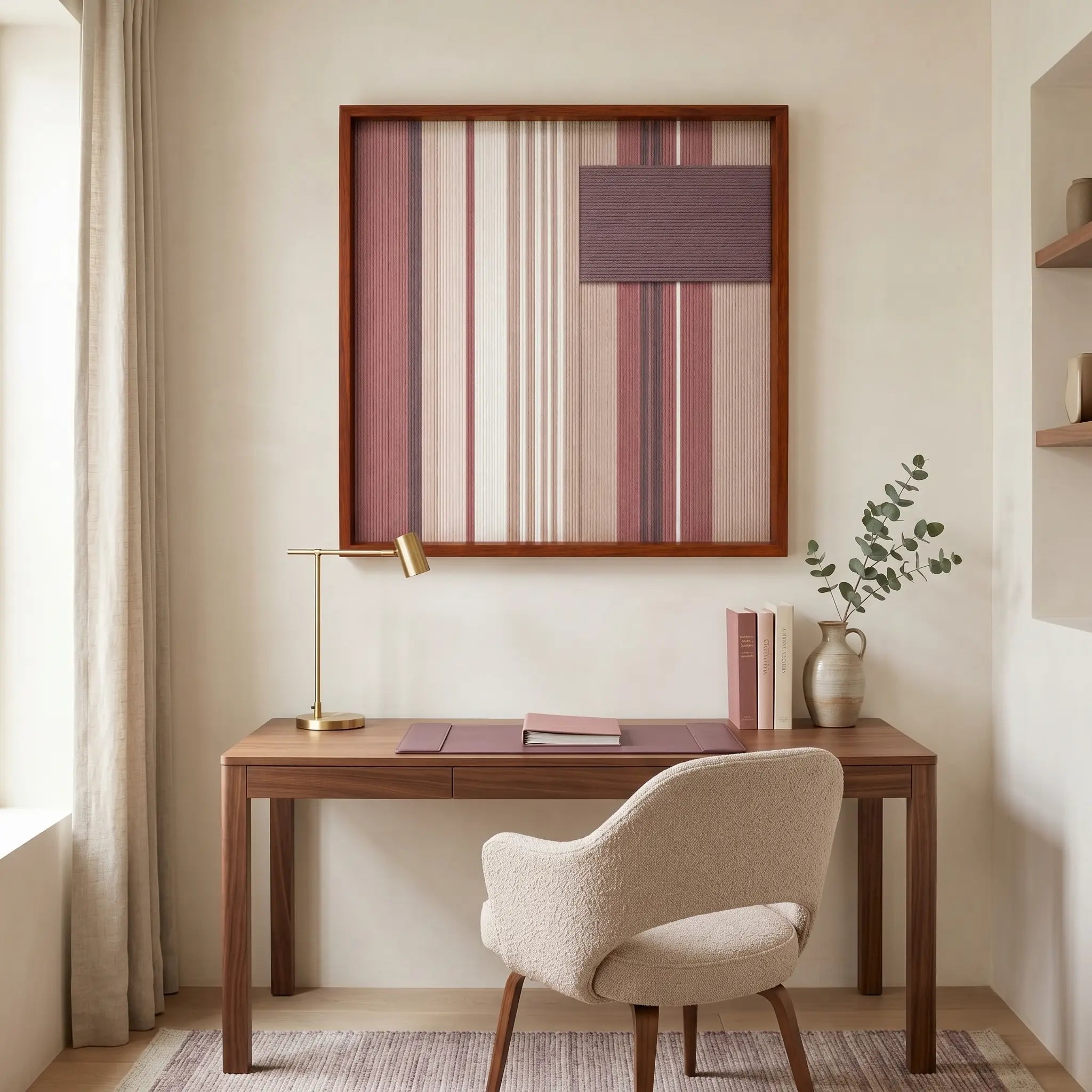 Striking square hand-woven wool tapestry positioned perfectly above a sleek wooden desk and a modern white armchair in a stylish home office setup.