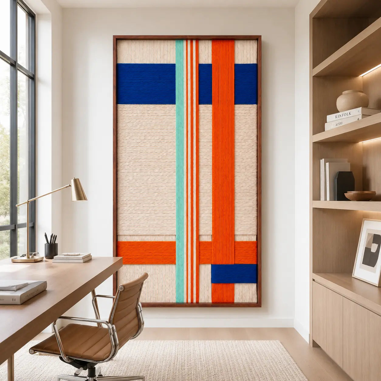 A professional home office featuring the Midtown Rhythm framed wool art, providing a stylish and creative focal point for a productive space.