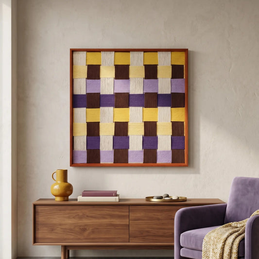 Hand-woven wool wall art with a yellow, purple, and brown checkerboard weave pattern hanging above a wooden sideboard and purple armchair.