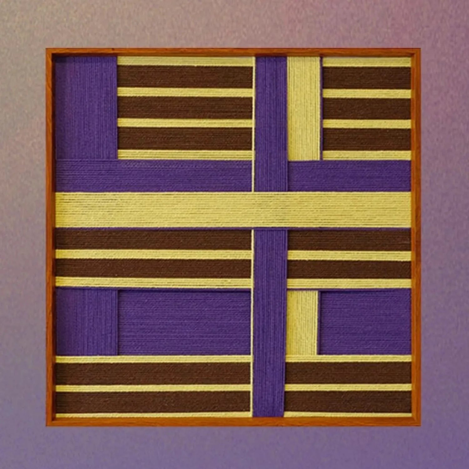 Front view of Mrs. Maisel yarn wall art on plain white background, showing crisp lavender-and-gold grid alignment.