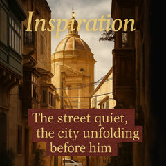 Inspiration graphic for “Napoli” wall art featuring urban street imagery at dusk and an overlay quote illustrating its modern mood