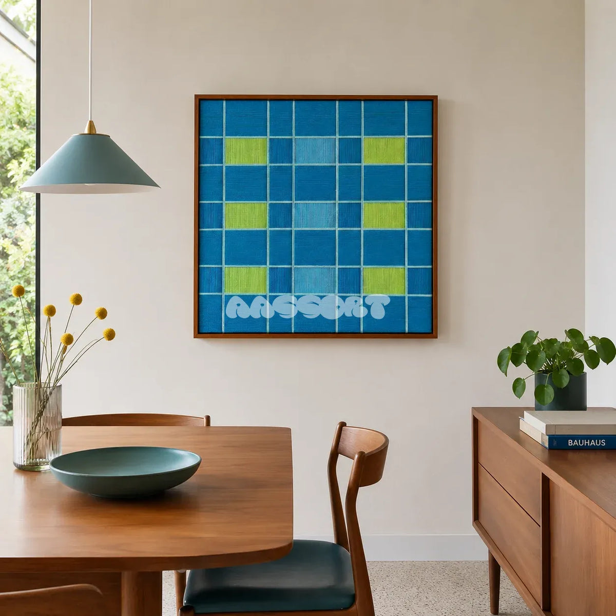 North Sea Poem ocean blue, sky blue, and lime green geometric yarn wall art displayed beside a wood table in a modern dining room.
