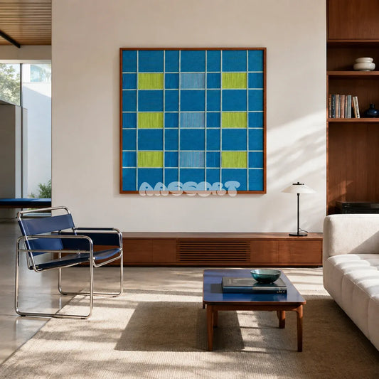 North Sea Poem ocean blue, sky blue, and lime green geometric yarn wall art displayed in a sunlit modern living room.