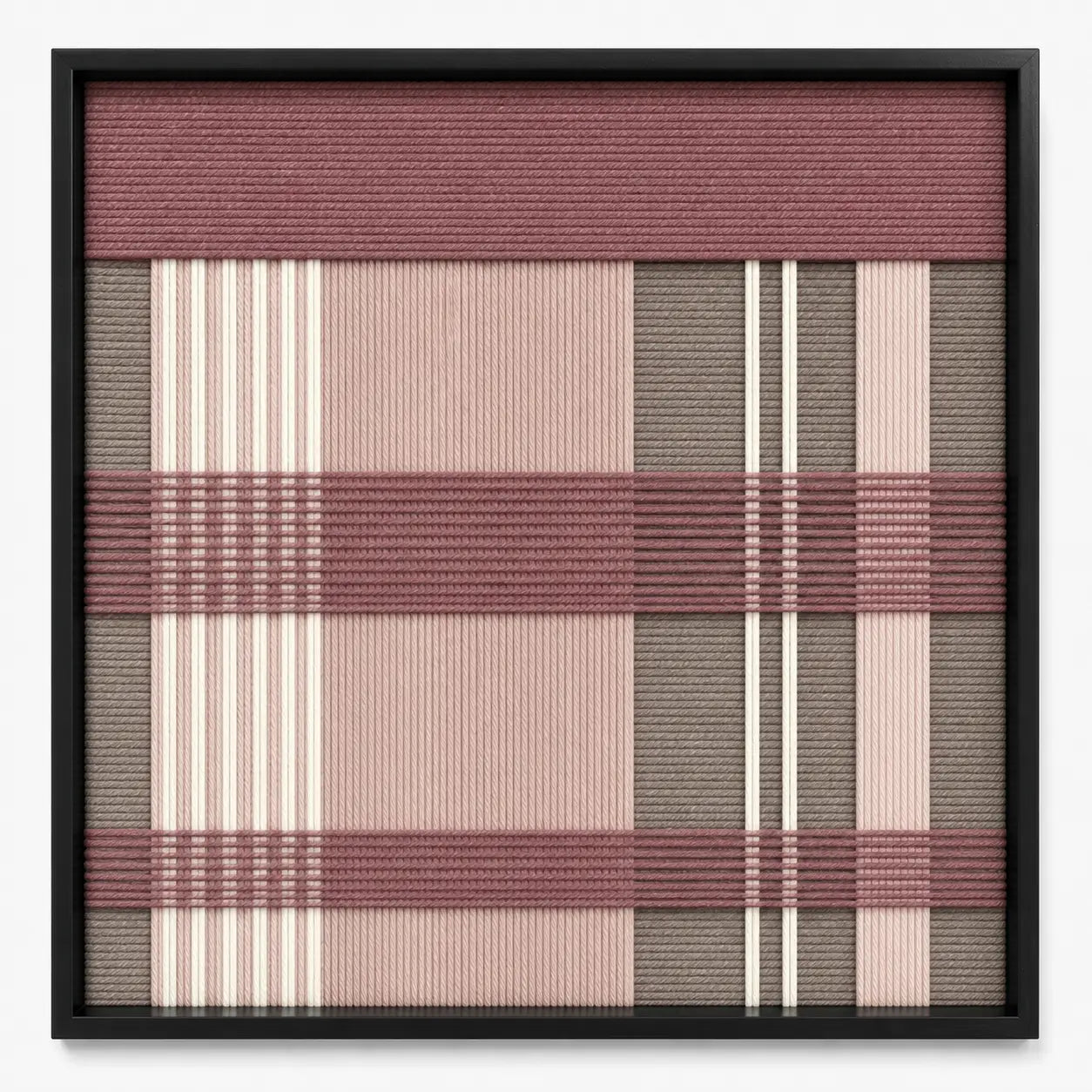 Frontal studio shot of the Nostalgic Bloom square hand-woven textile wall art featuring mauve, pink, grey, and cream geometric plaid patterns in a black frame.