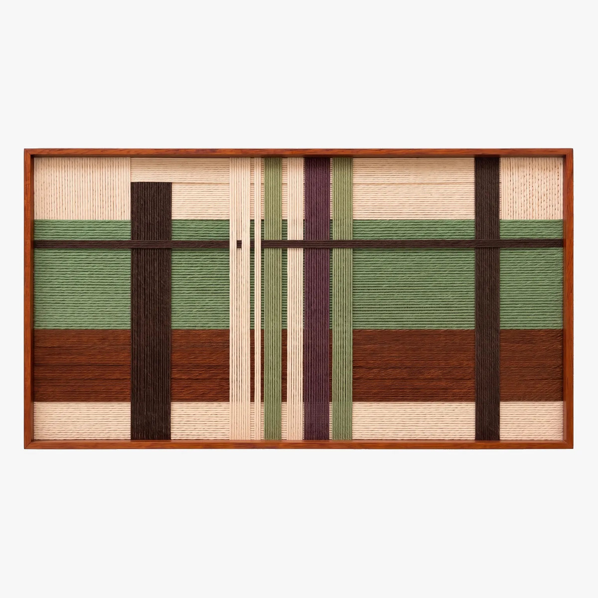 Front view of Olive Passage RE091 framed geometric fiber wall art in olive green, chestnut brown, cream, plum and dark brown