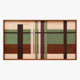 Front view of Olive Passage RE091 framed geometric fiber wall art in olive green, chestnut brown, cream, plum and dark brown