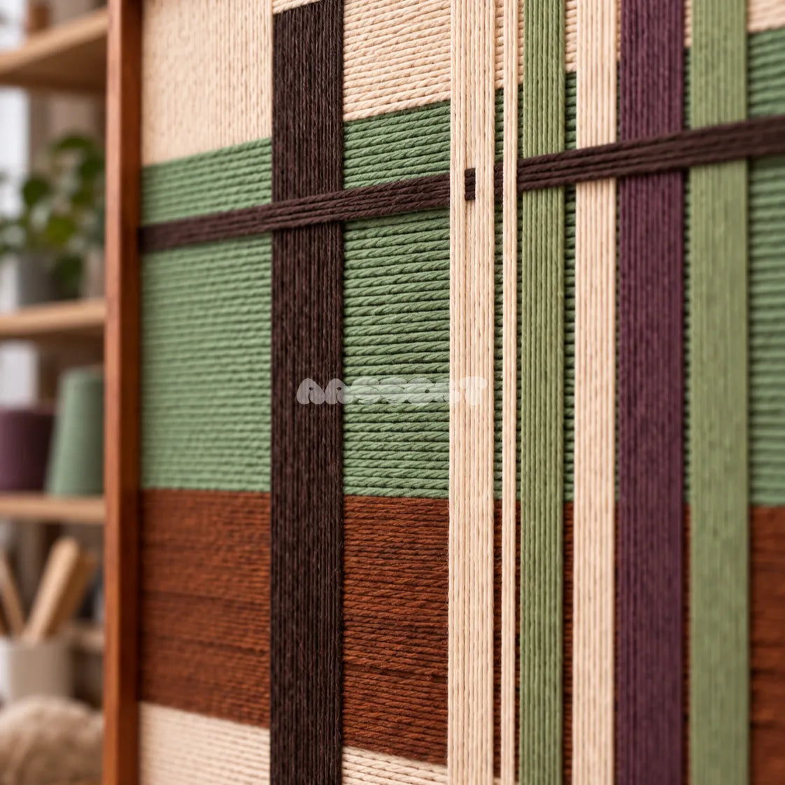 Close-up of Olive Passage RE091 showing layered soft cotton cord in olive green, cream, chestnut brown, plum and dark brown