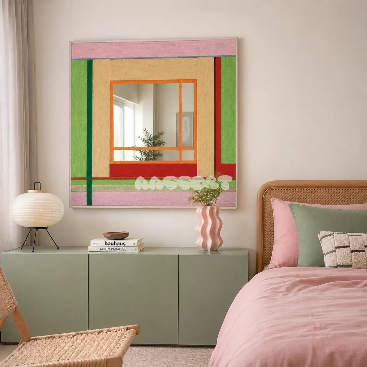 Olive Tree Romance colorful yarn-framed mirror displayed above a sage cabinet beside a pink bed in a modern bedroom.