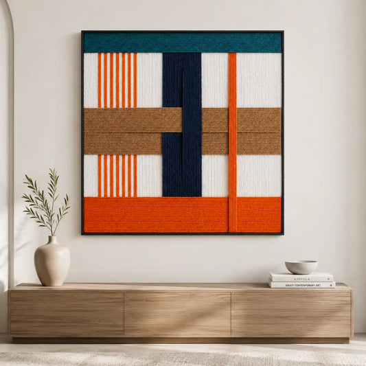 Modern living room setting featuring a square hand-woven wool tapestry hanging above a minimalist wooden credenza with a ceramic vase.