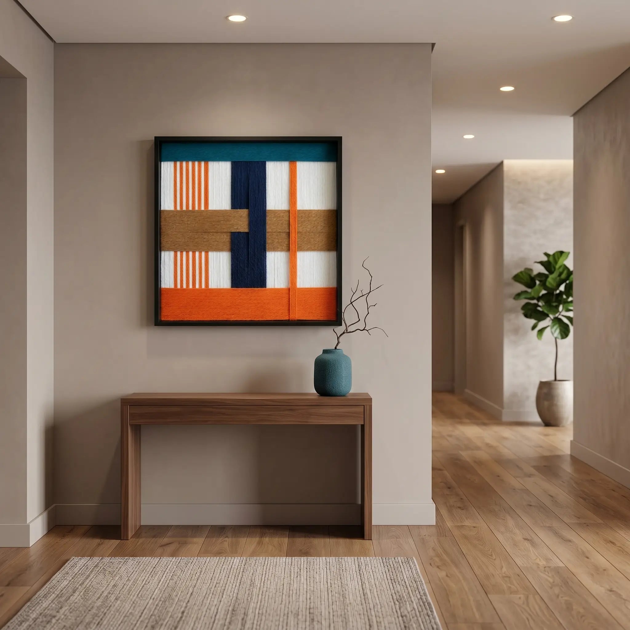 Square framed wool wall art creating a vibrant focal point in a modern hallway with light wood flooring and neutral walls.