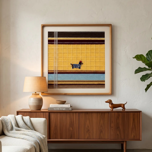 Hand-woven wool wall art featuring a small dog motif on a yellow and brown striped background above a walnut sideboard.