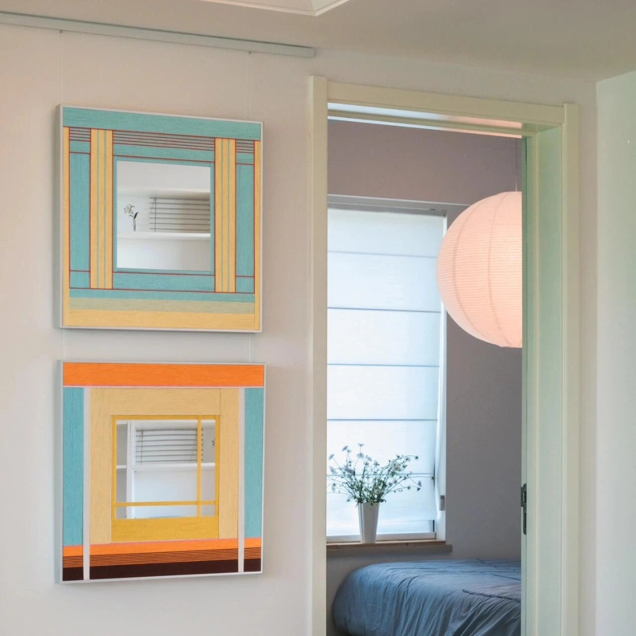 Angled corner detail showing Pear Blossom Tree’s seamless join between spring‑green, mint, and wood stripe panels and the mirror edge.