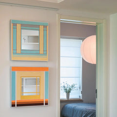 Angled corner detail showing Pear Blossom Tree’s seamless join between spring‑green, mint, and wood stripe panels and the mirror edge.