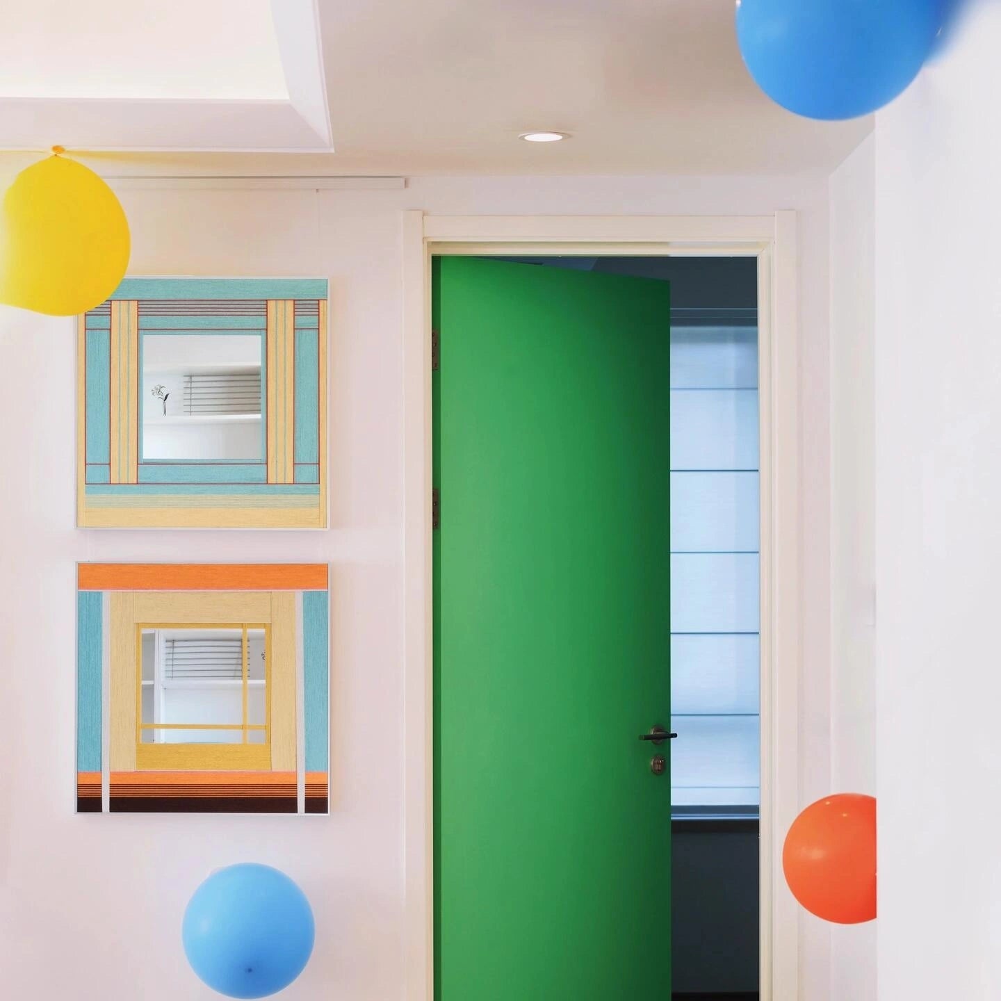 Close‑up of Pear Blossom Tree yarn mirror art revealing looped wool texture of the green and wood stripe panels against the reflective glass.