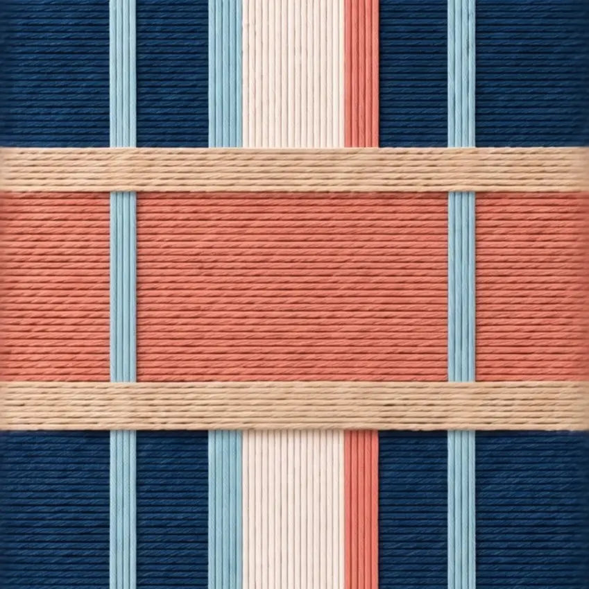 Studio macro detail view of the hand-woven wool wall art displaying precise geometric alignment of navy blue, teal, cream, and salmon yarn structures.
