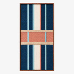 Full product shot of the vertical hand-woven wool wall art in a wooden frame, highlighting its geometric block pattern of navy blue, cream, and salmon.