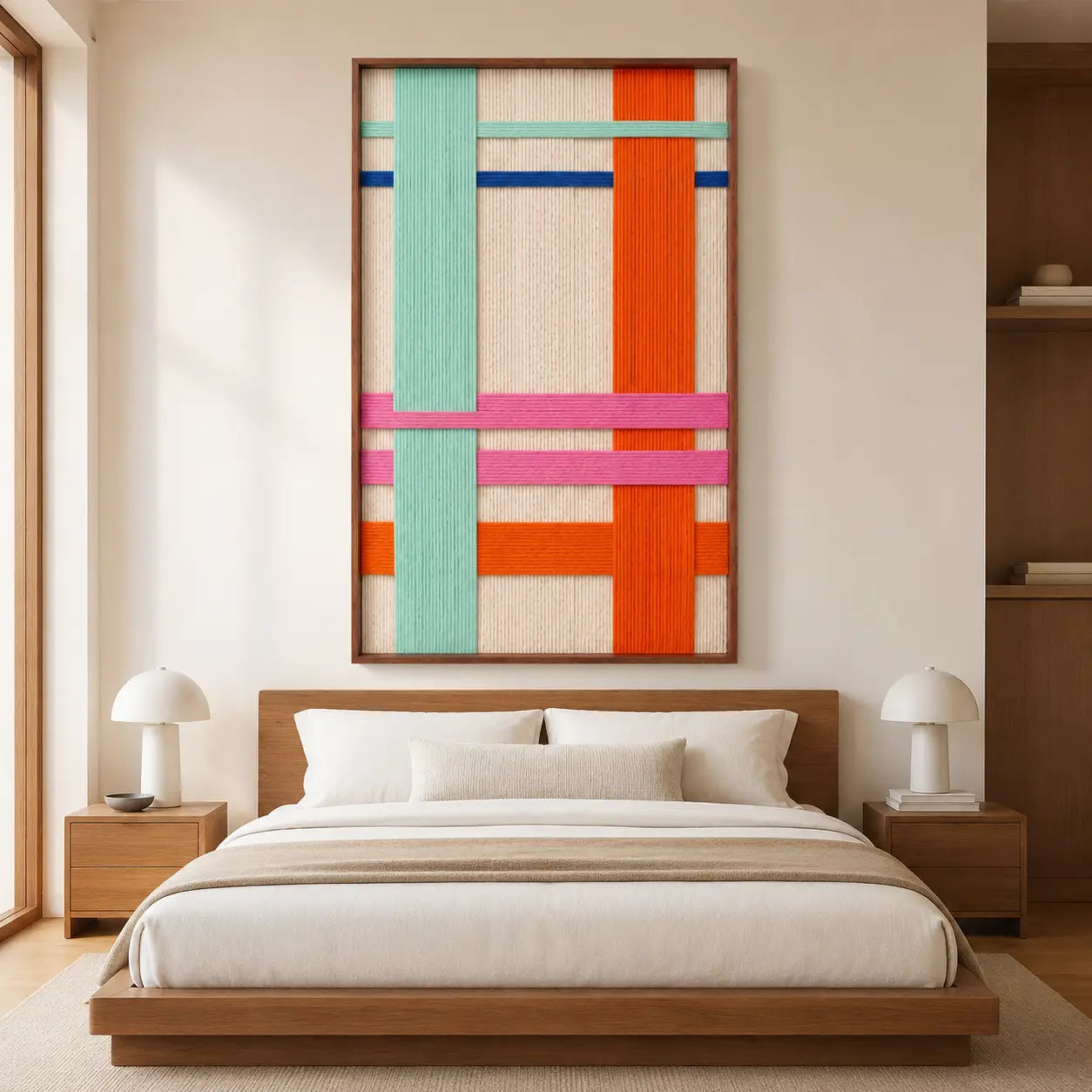 Cozy modern bedroom interior styling with the hand-woven wool tapestry displayed centrally above a neatly made platform bed with minimalist wooden nightstands.