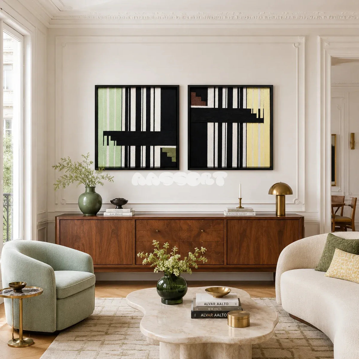 Timeless Moments mint green, black, and white textile wall art displayed in a modern architectural interior.