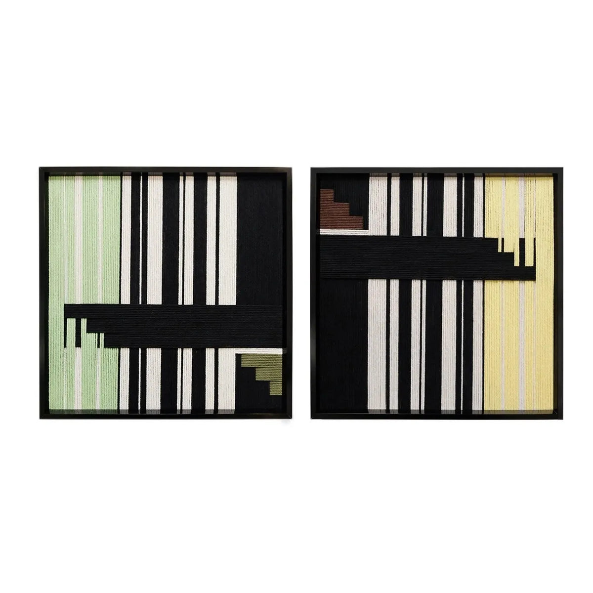 Timeless Moments framed geometric fiber wall art with precise vertical stripes, grid lines, and a bold black horizontal beam.