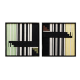 Timeless Moments framed geometric fiber wall art with precise vertical stripes, grid lines, and a bold black horizontal beam.