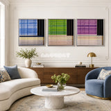 Night River Lantern blue, black, and pale yellow textile wall art displayed in a serene modern interior.