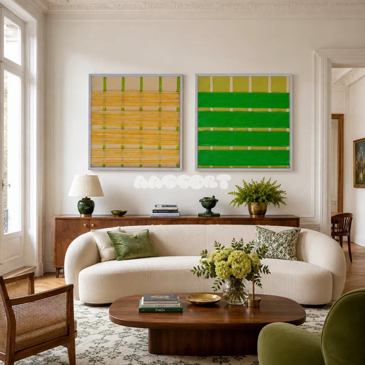 Spring Breeze pale yellow and lime green textile wall art displayed in a bright airy modern interior.