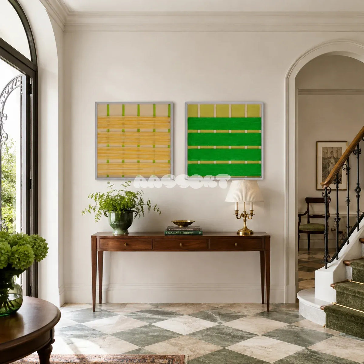 Framed Spring Breeze geometric wall art with sunny yellow bands and lime green vertical lines in a refined room.