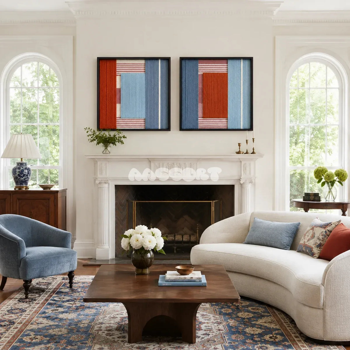 Cold Fire aqua blue and terracotta textile wall art diptych displayed in a serene modern interior.