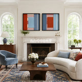 Cold Fire aqua blue and terracotta textile wall art diptych displayed in a serene modern interior.
