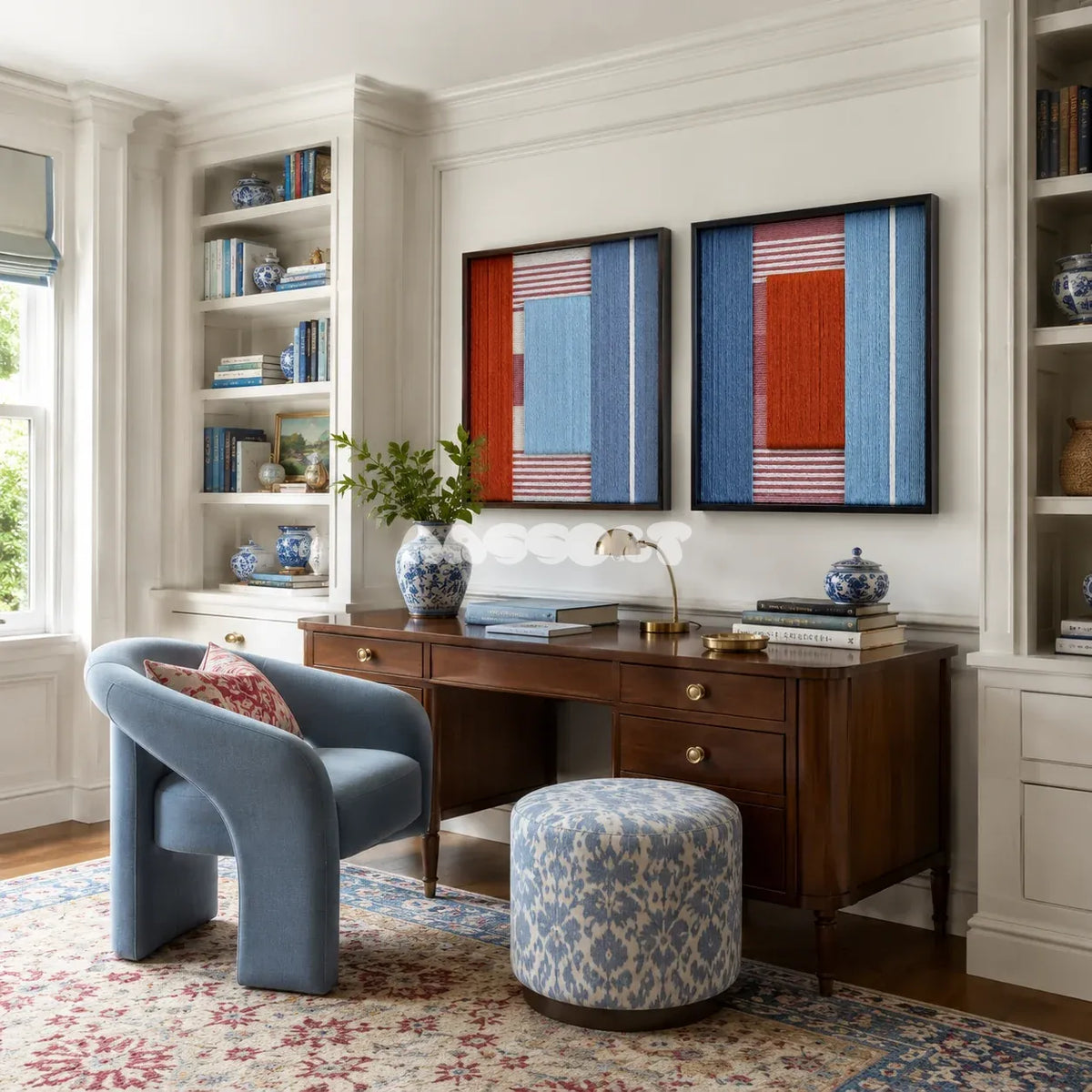 Framed Cold Fire textile wall art with aqua, hazy blue, terracotta, white, and dusty rose blocks in a refined room.