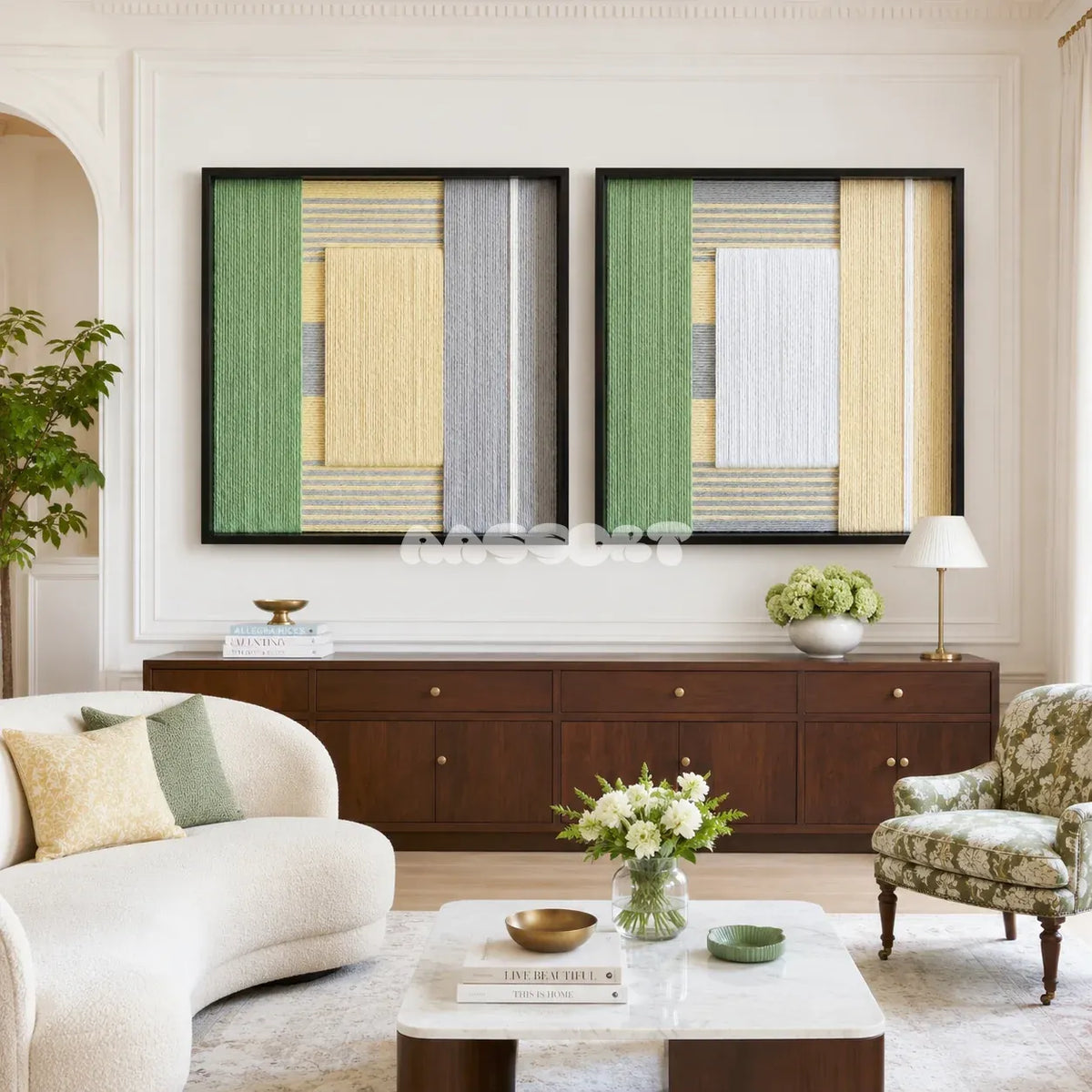 Sun-Baked cream, white, and sage green textile wall art pair displayed in a radiant modern interior.