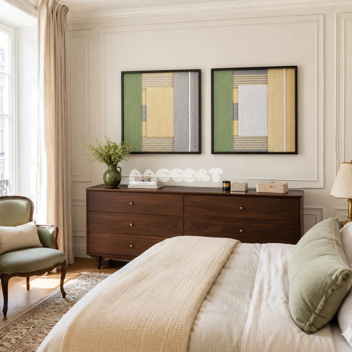 Framed Sun-Baked textile wall art with buttery cream, white, sage, slate, and pale yellow blocks in a refined room.