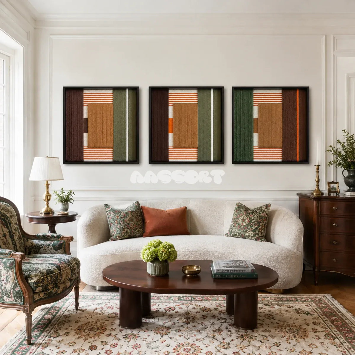 Sylvan Glow green, orange, and umber textile wall art triptych displayed in a bold modern interior.