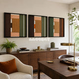 Sylvan Glow geometric fiber art set styled as a grounded architectural focal point in a contemporary home.