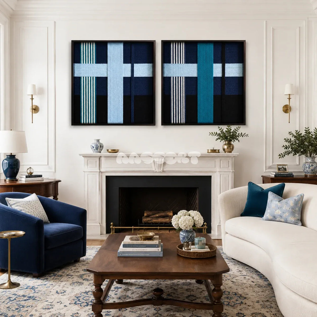 Glacial Stationeries icy blue and navy textile wall art pair displayed in a serene modern interior.