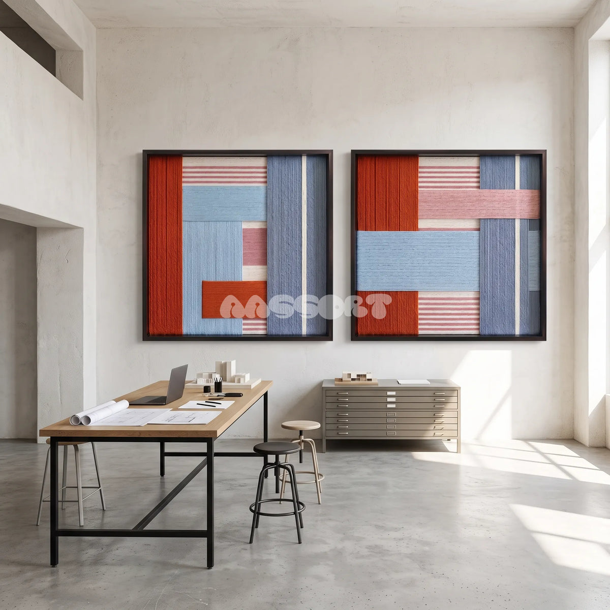 View of The Press Line framed textile wall art, featuring a two-piece geometric cotton cord composition in terracotta, sky blue, pink, and slate blue.