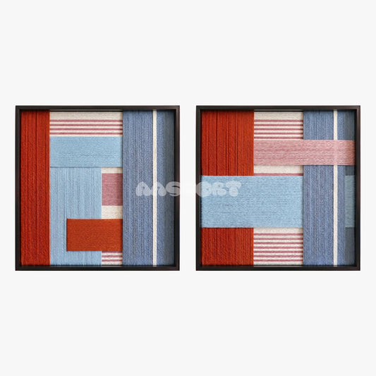 The Press Line framed textile wall art, featuring a two-piece geometric cotton cord composition in terracotta, sky blue, pink, and slate blue.