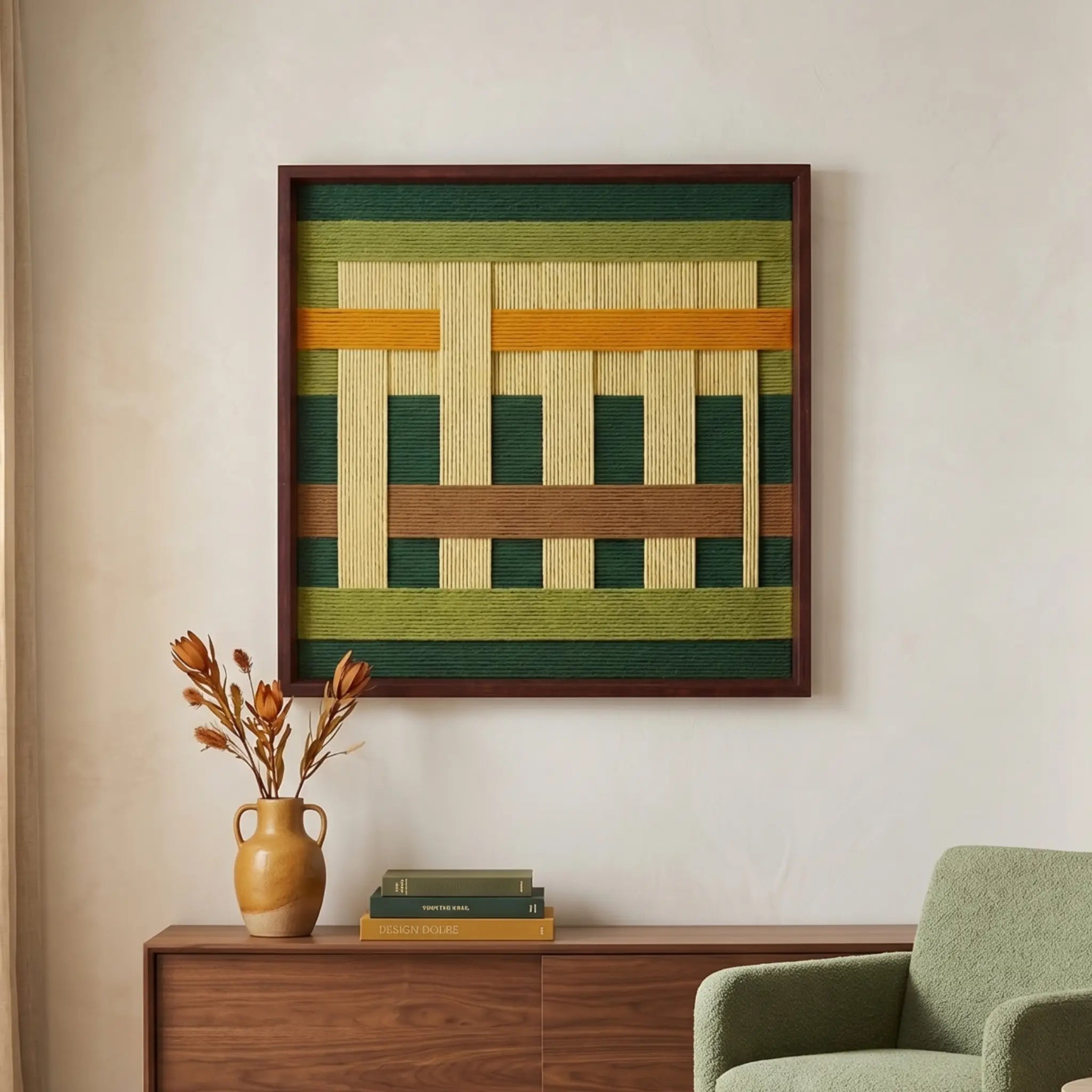 Framed fiber art tapestry with an earthy textured design displayed above a wooden sideboard next to a light green armchair.