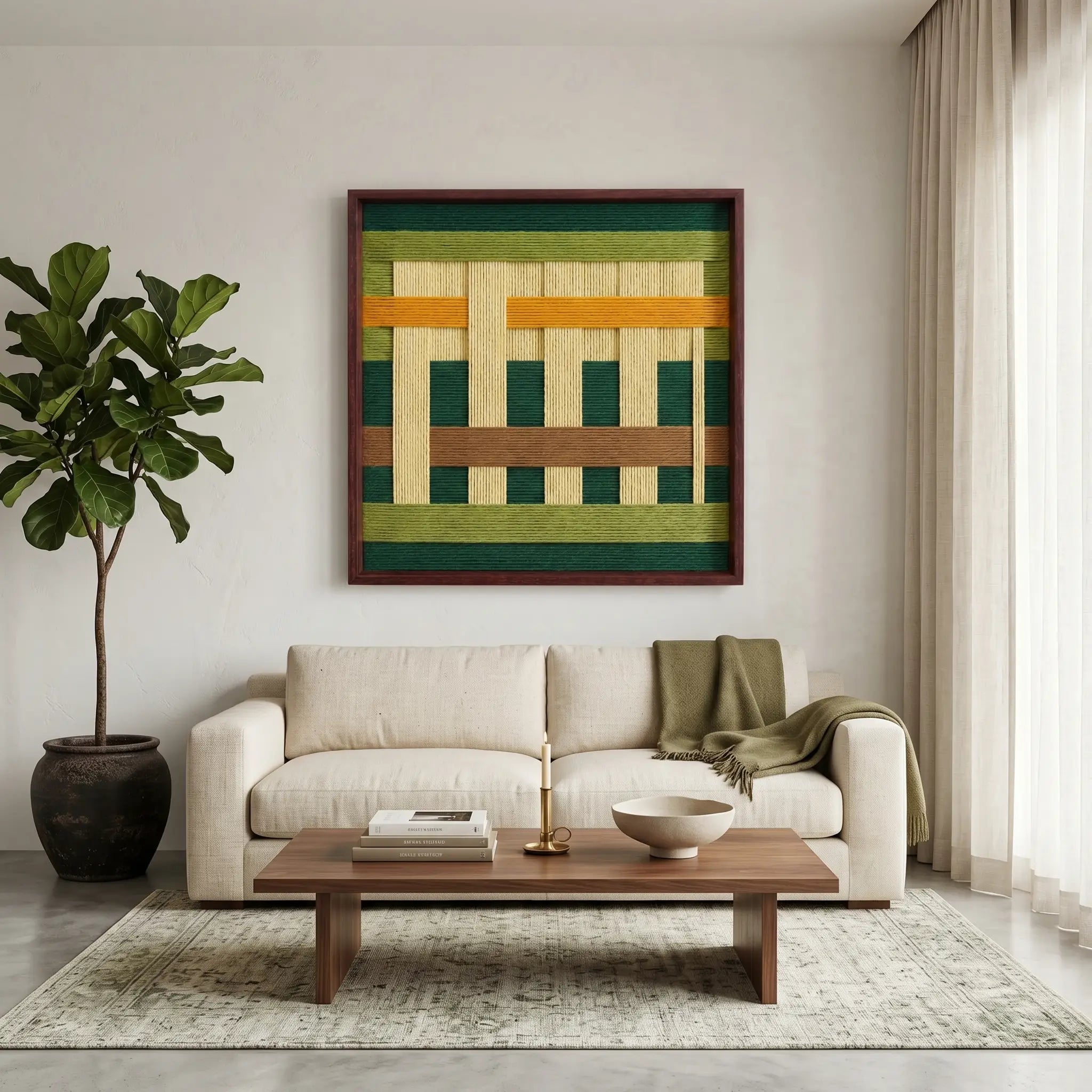 Modern hand-woven wool wall hanging styled in a bright living room above a cream sofa with a wooden coffee table and rug.