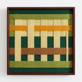 High-resolution front view of the Primitive Pulse soft cotton cord fiber artwork showing the intricate geometric weave and rich fiber textures in a dark frame.