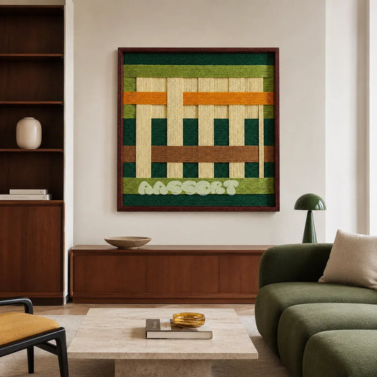 Primitive Pulse green amber and cream textile wall art displayed above a walnut cabinet in a modern green-accented living room.