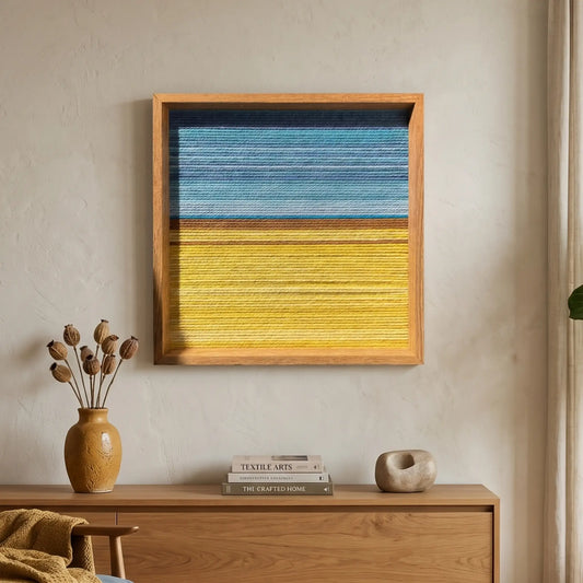 Square hand-woven wool wall art depicting an abstract landscape with blue sky and yellow harvest fields, hanging above a light oak sideboard with a matching yellow vase.