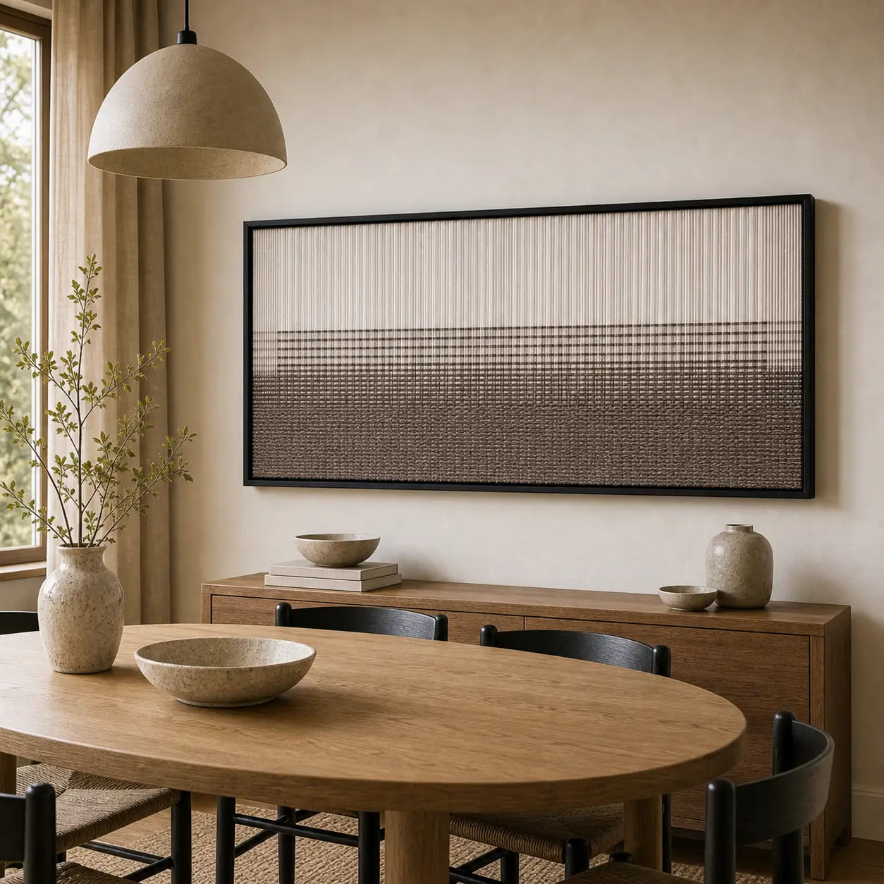The elegant gradient hand-woven wool tapestry provides a stunning focal point over a wooden dining table and sideboard.