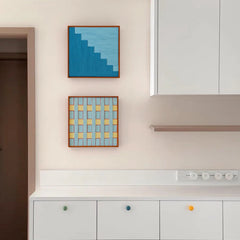 Radiant Azure wall art hung in a bright kitchen setting, bringing calming coastal vibes to minimalist decor