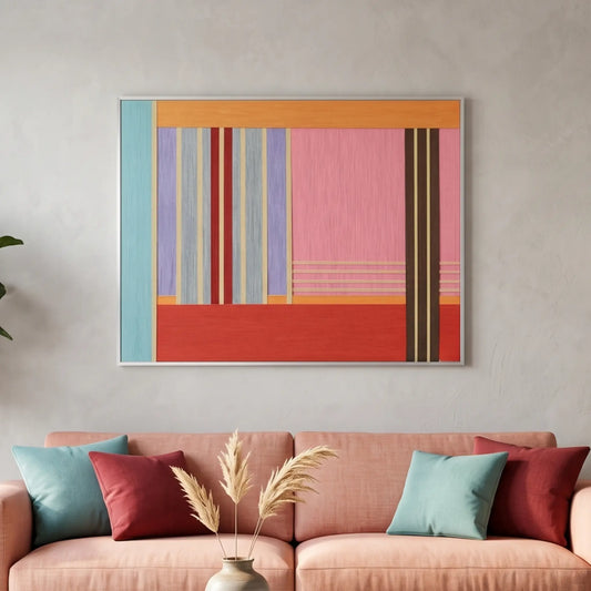 Large square hand-woven wool wall art with a vibrant geometric block design in pink, orange, red, and lavender, hanging above a peach-colored sofa with colorful accent pillows.