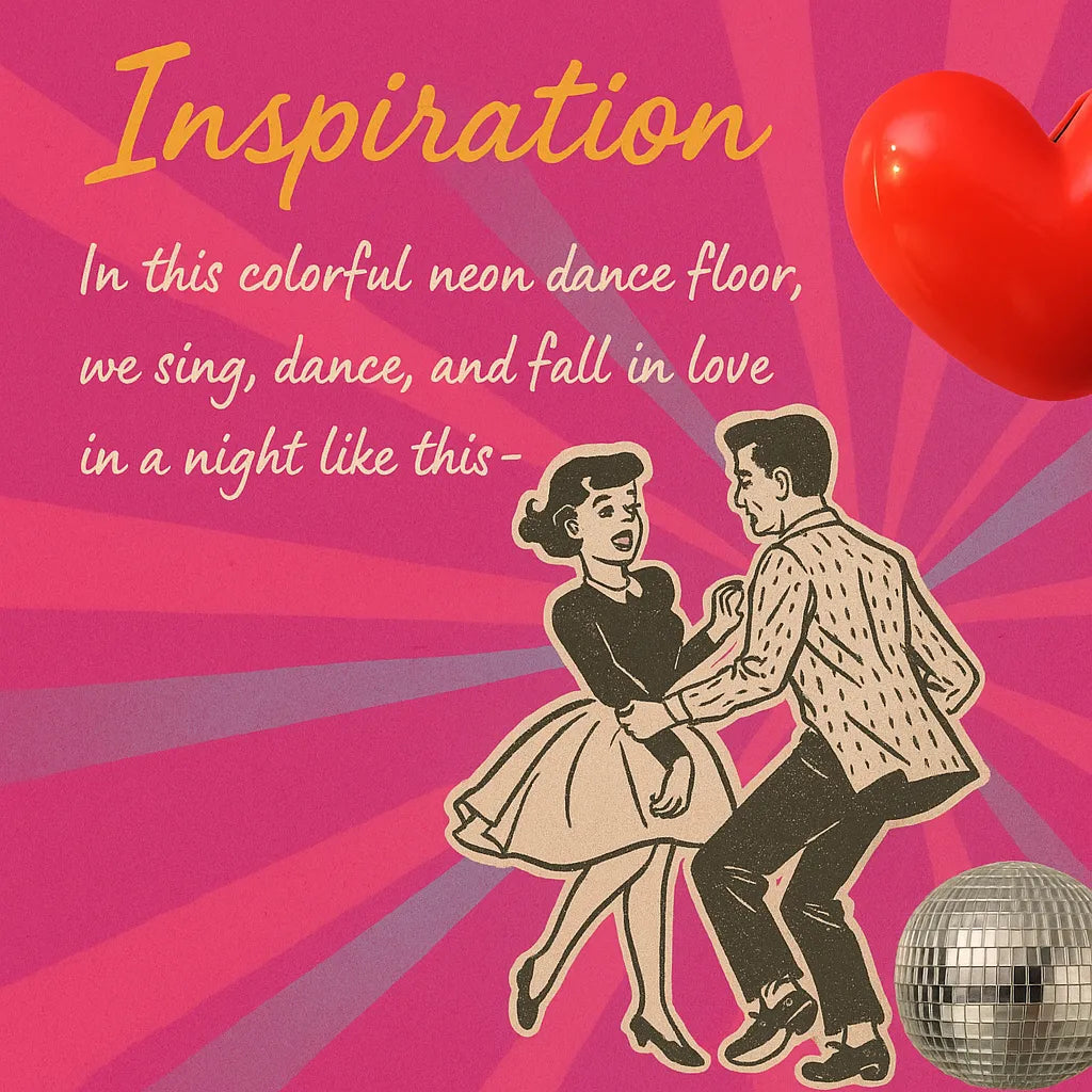 Inspiration graphic for Rainbow Hearts featuring a retro dance couple motif and the quote “Love in every hue” to convey the artwork’s joyful concept