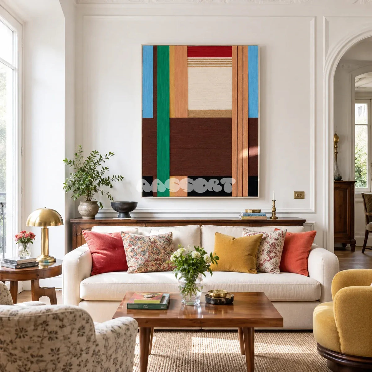 Wild RE001 framed textile art with earthy brown, emerald green, sky blue, cream, and red geometric yarn blocks in a modern interior.